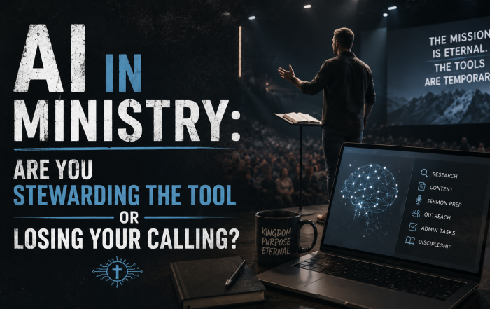 Pastor reading Bible beside a laptop, reflecting on how to use AI ethically in ministry